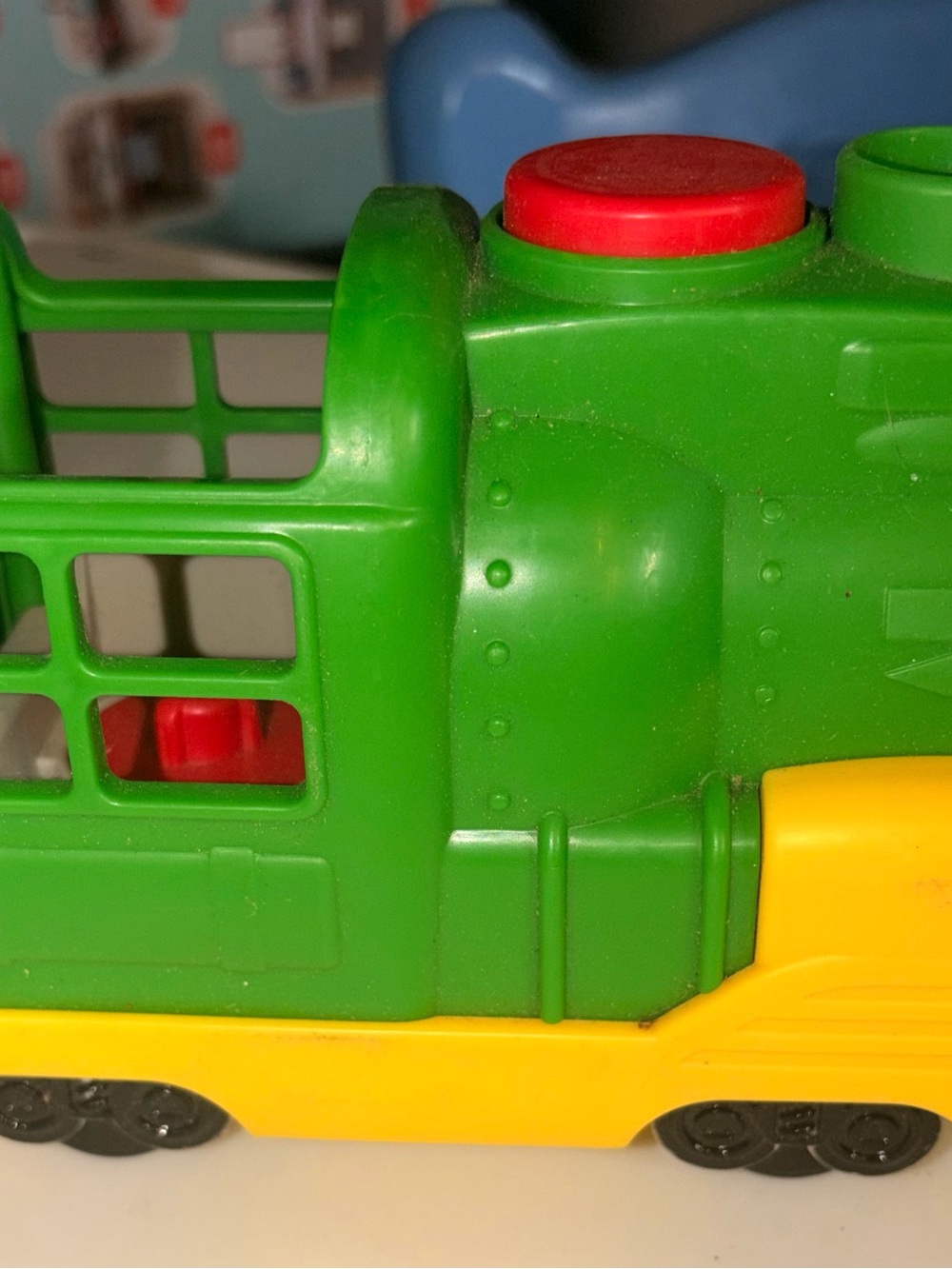 Fisher-Price Green and Yellow Plastic Toy Train Engine with Red Accents